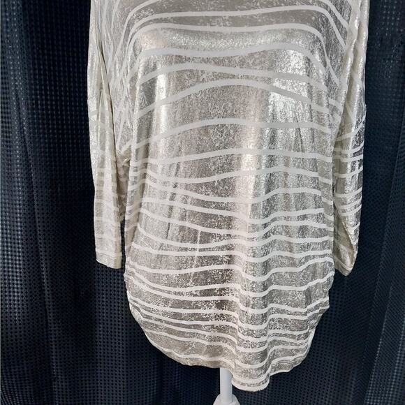 NWOT! CHICO'S! GOLD METALLIC & CREAM ABSTRACT STRIPE OVERSIZED TUNIC TOP! SZ S - Picture 4 of 13